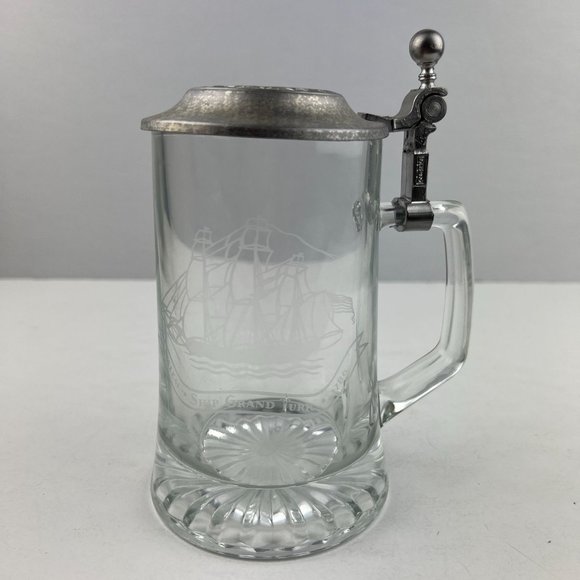 Germany Old Spice Beer Alwe Salem Ship Grand Turk 1786 Lidded Vintge Glass Stein - Picture 1 of 10
